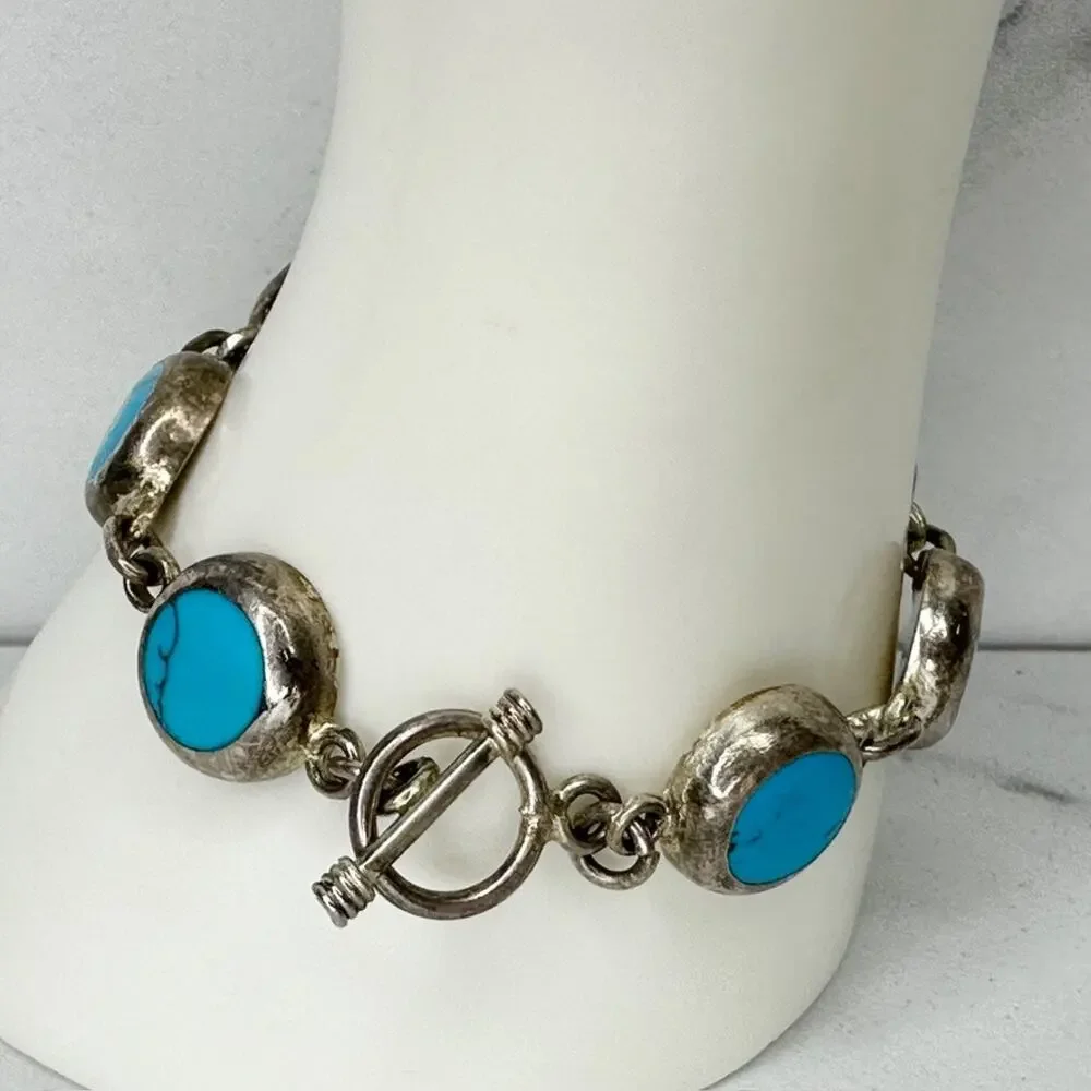 Vintage Mexico Blue Faux Turquoise Round Cabochon Link Toggle Chain Bracelet ✨